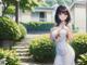 A woman in a white dress standing in front of a house.