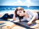 A woman laying on the ground next to the ocean.