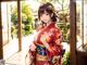 A woman in a red kimono standing in front of a window.