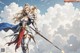 A woman in armor holding a sword in front of a cloudy sky.